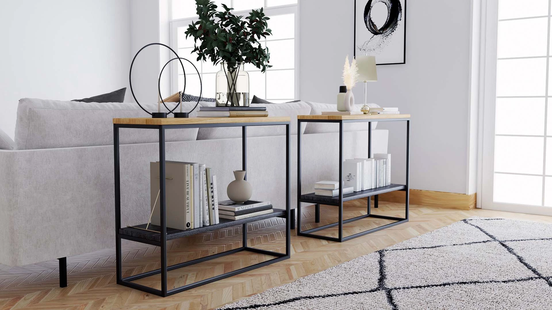 Loft-Regale und Konsolen, Metall und Eichenholz